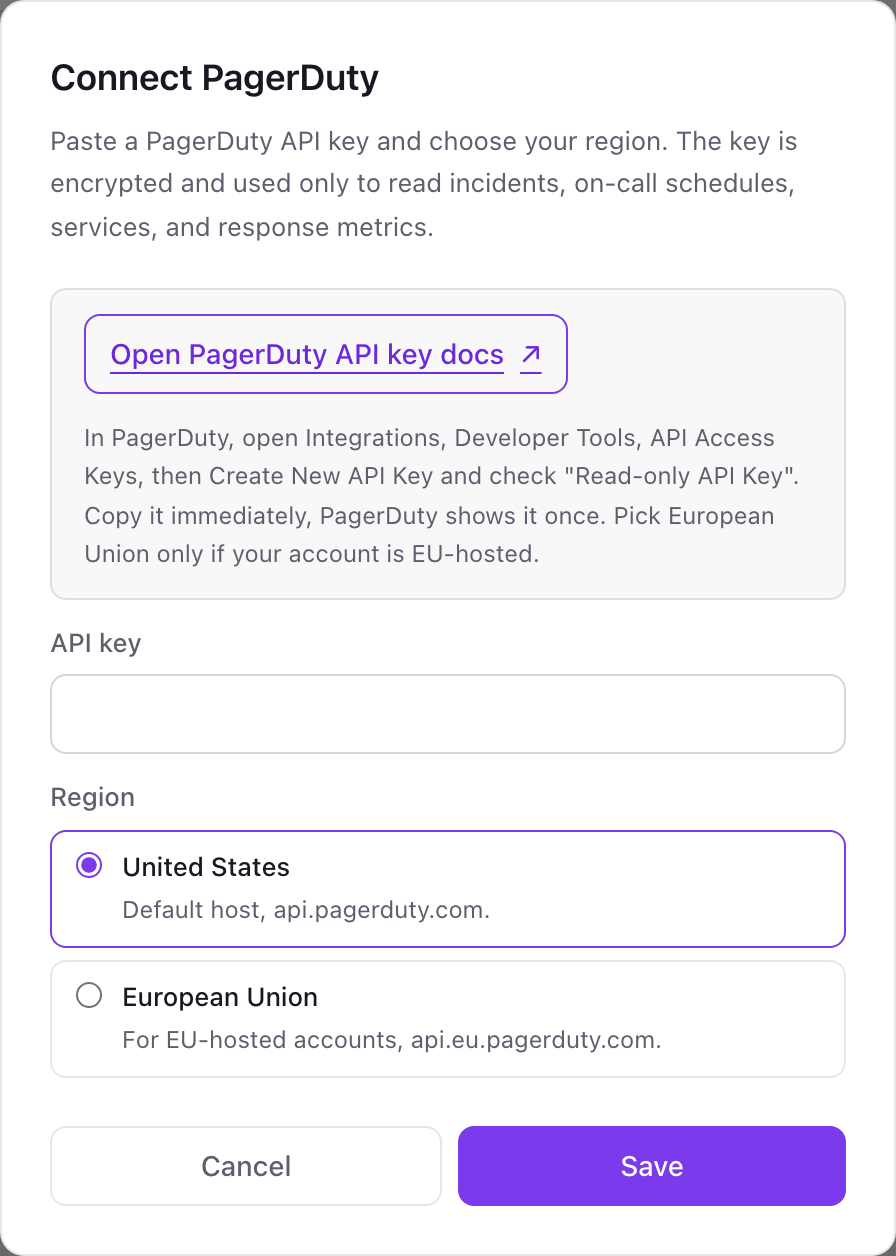 The Connect PagerDuty pop-up with an API key field, United States and European Union region choices, and instructions to check Read-only API Key