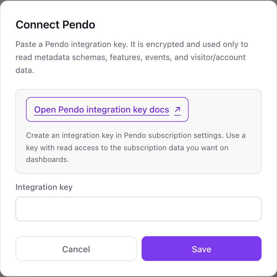 The Connect Pendo pop-up with a single Integration key field, a link to Pendo's integration key docs, and a Save button