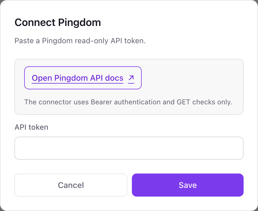 The Connect Pingdom pop-up in Dance Party with a single API token field, a link to the Pingdom API docs, and Cancel and Save buttons