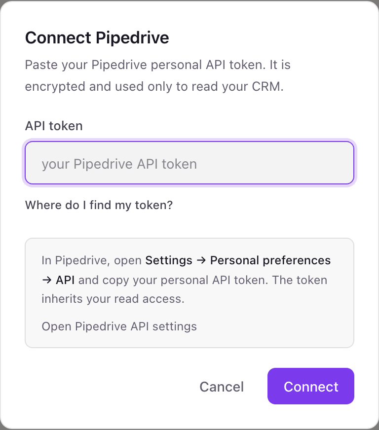 The Connect Pipedrive pop-up with an API token field, the Settings, Personal preferences, API hint, and a Connect button