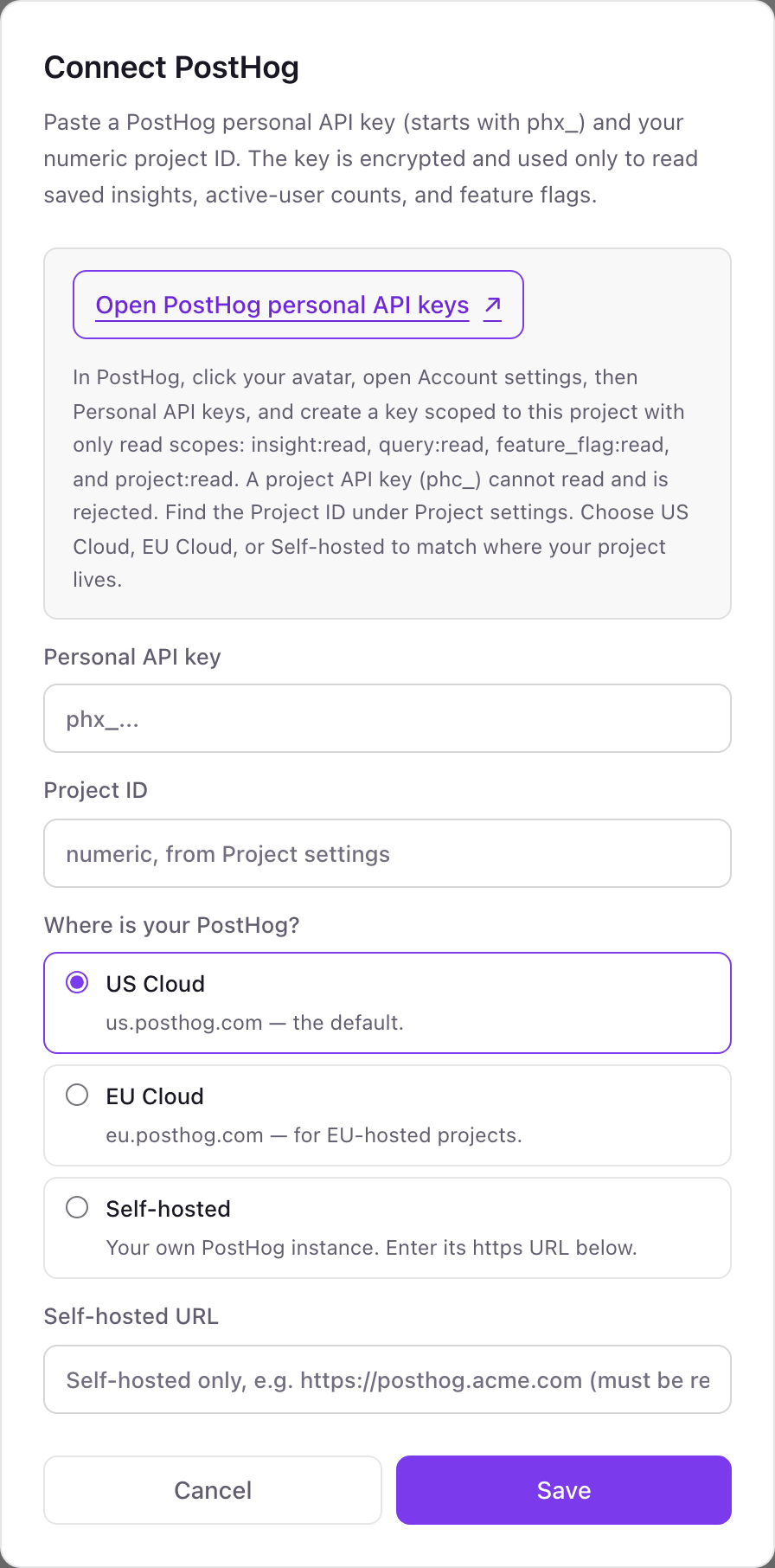The Connect PostHog pop-up with Personal API key and Project ID fields, a US Cloud, EU Cloud or Self-hosted choice, a Self-hosted URL field, and a Save button