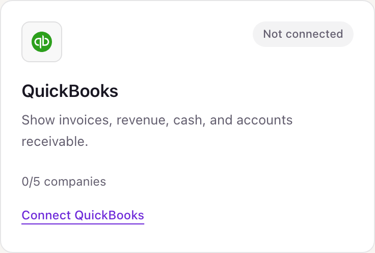 The QuickBooks card on the Dance Party Integrations page, showing 0/5 companies and a Connect QuickBooks link