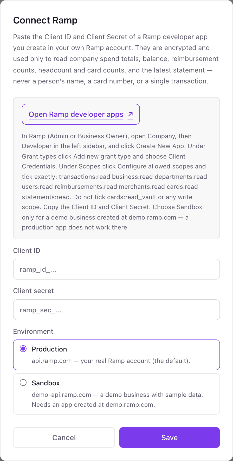 The Connect Ramp pop-up with developer app instructions, Client ID and Client secret fields, and a Production or Sandbox environment choice