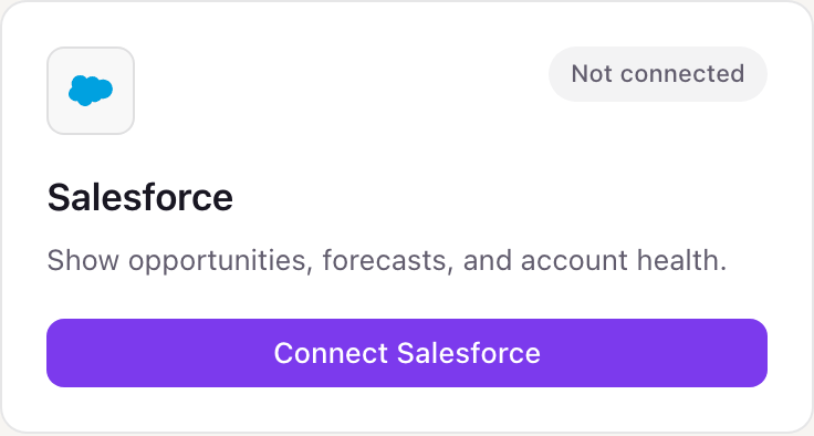Salesforce integration card in Dance Party showing Not connected, the opportunities and forecasts description, and the purple Connect Salesforce button