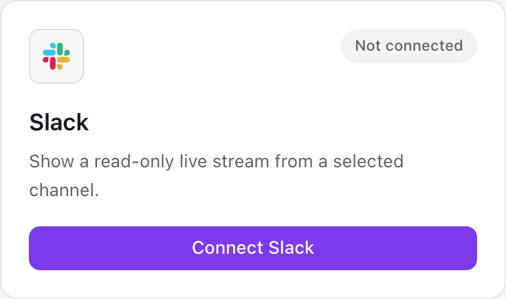 The Slack card on the Dance Party Integrations page, reading Show a read-only live stream from a selected channel, with a Connect Slack button