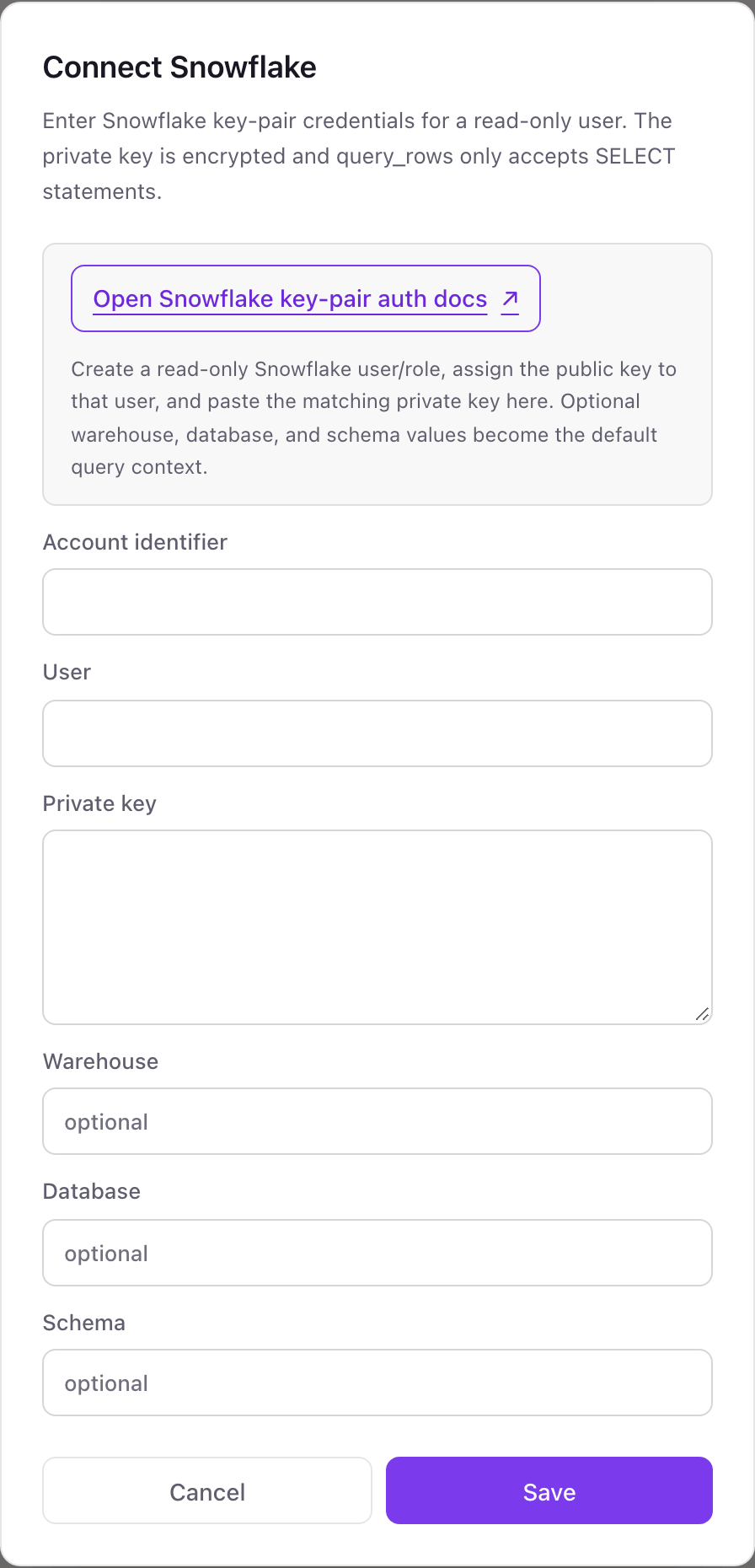 The Connect Snowflake pop-up with Account identifier, User and Private key fields, optional Warehouse, Database and Schema fields, and a Save button