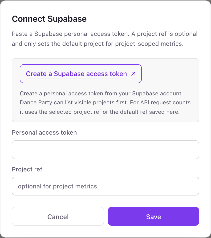 The Connect Supabase pop-up with a Personal access token field, an optional Project ref field, and a link to create a Supabase access token