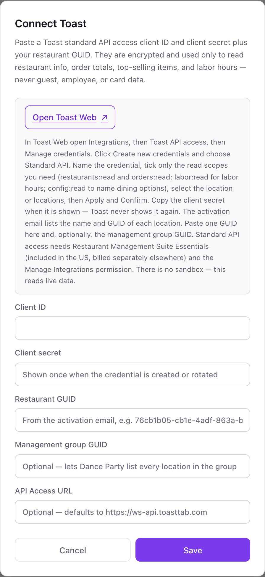 The Connect Toast pop-up with setup steps and fields for Client ID, Client secret, Restaurant GUID, Management group GUID, and API Access URL