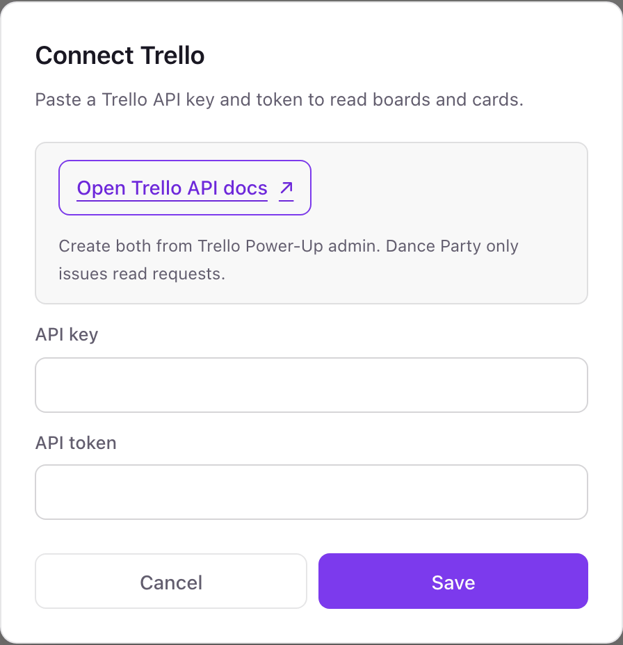 The Connect Trello pop-up with API key and API token fields and an Open Trello API docs link