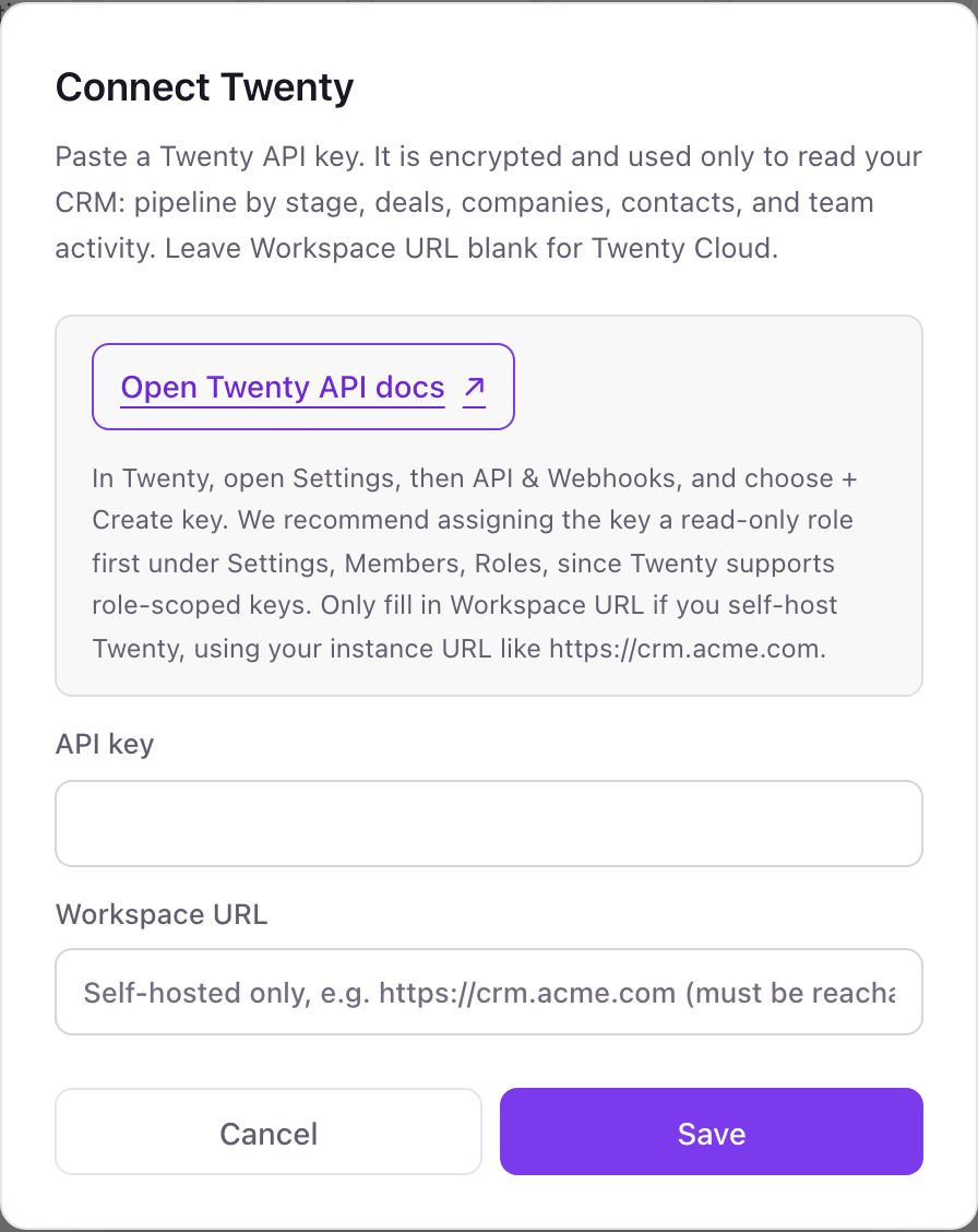 The Connect Twenty pop-up with an Open Twenty API docs link, advice to assign a read-only role, API key and Workspace URL fields, and a Save button