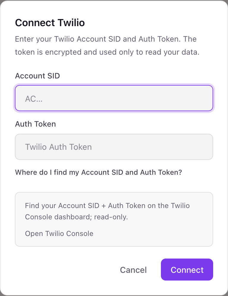 The Connect Twilio pop-up with Account SID and Auth Token fields and a help link to the Twilio Console
