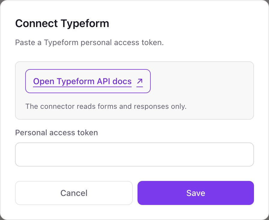 The Connect Typeform pop-up with one Personal access token field and an Open Typeform API docs link