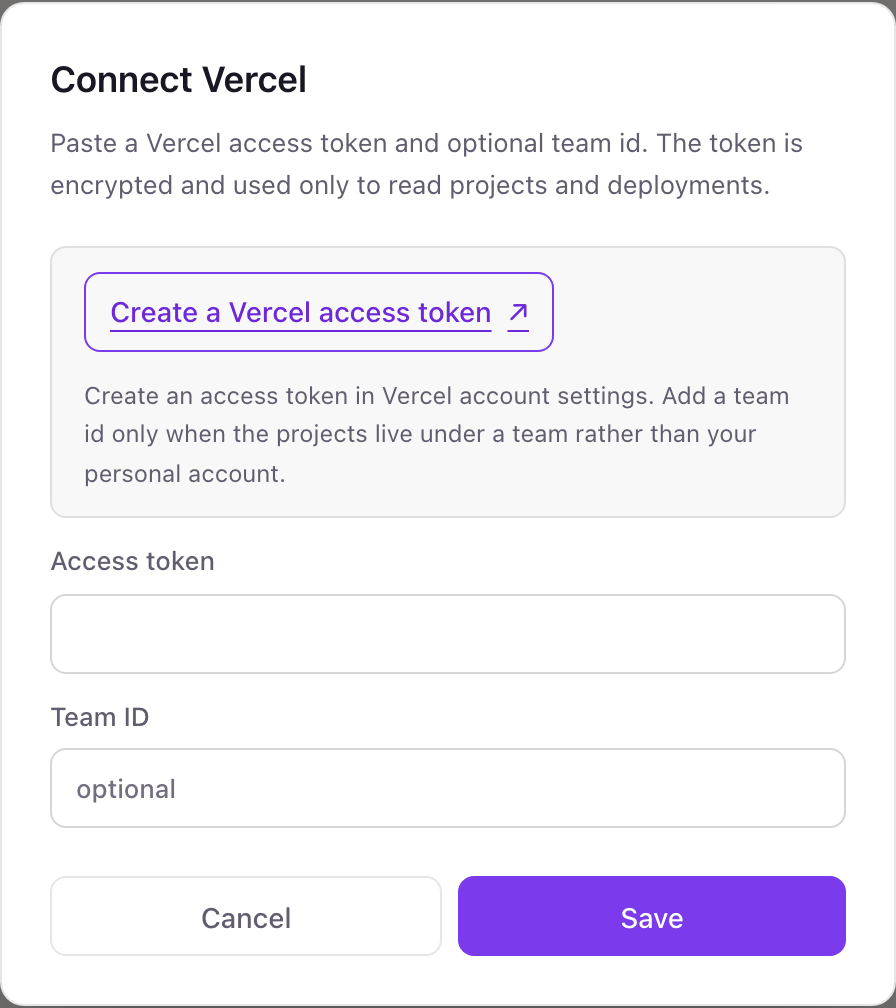 The Connect Vercel pop-up with an Access token field, an optional Team ID field, and a link to create a Vercel access token