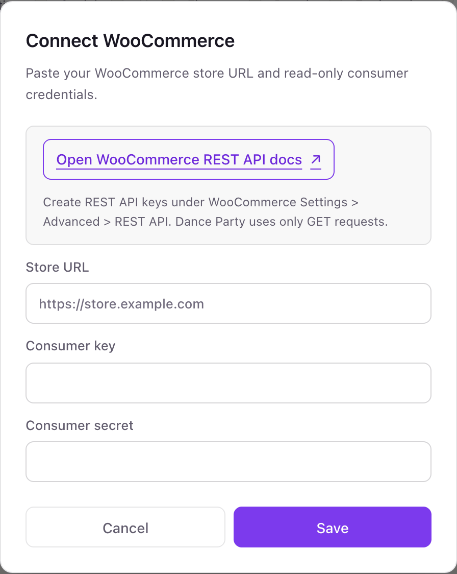The Connect WooCommerce pop-up with a link to the REST API docs and fields for Store URL, Consumer key, and Consumer secret