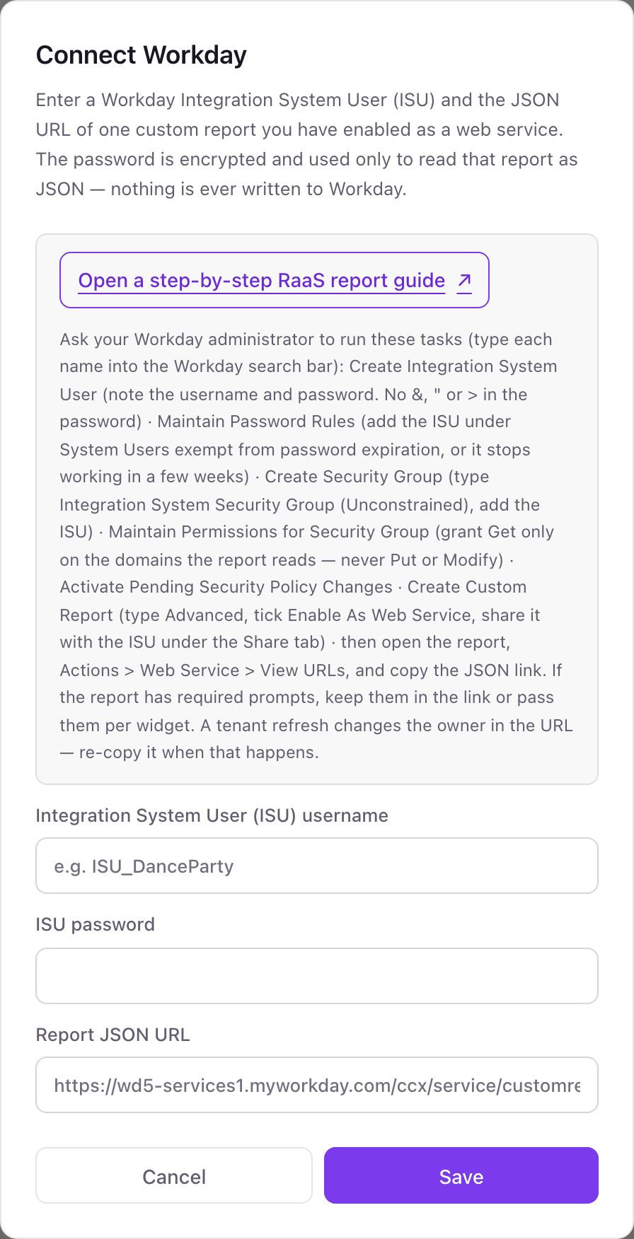 The Connect Workday pop-up in Dance Party, with the Workday admin task list and fields for the ISU username, ISU password, and Report JSON URL