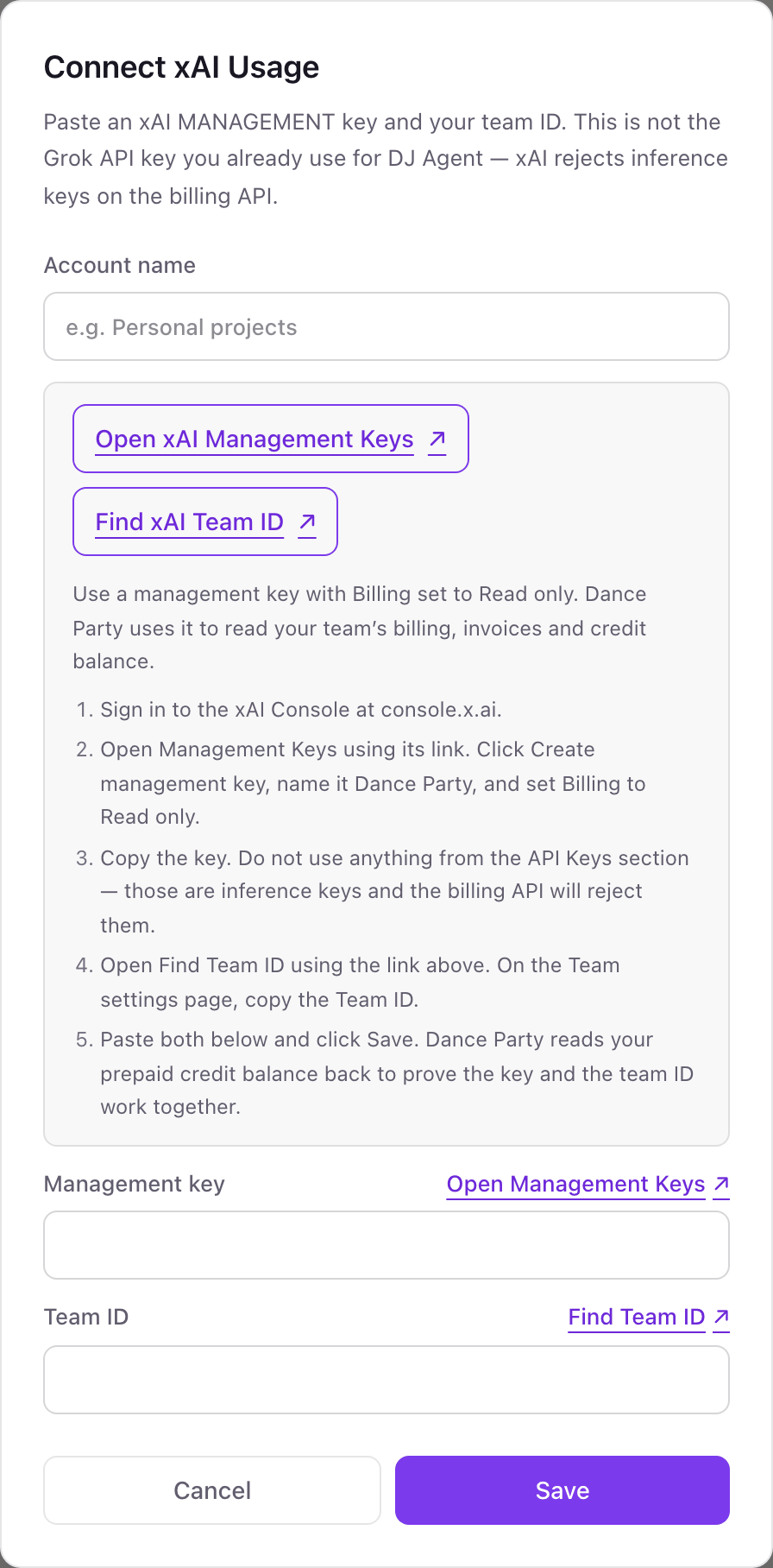 The Connect xAI Usage pop-up with an Account name field, links to xAI Management Keys and Team ID, five numbered steps, and the Management key and Team ID fields