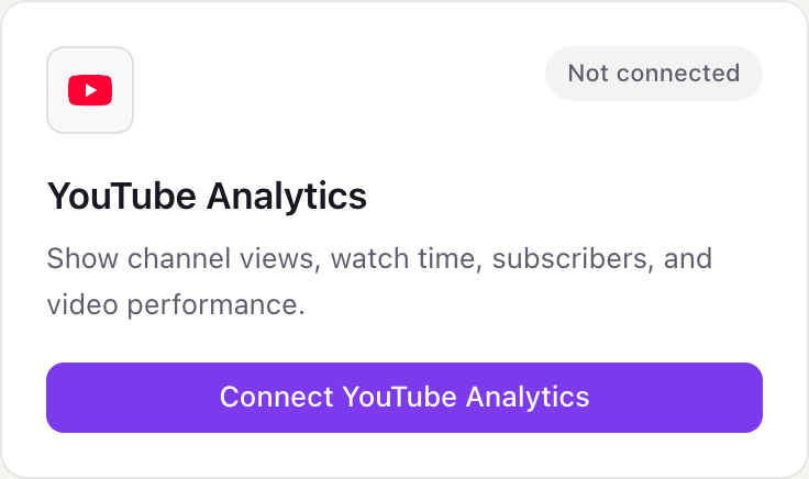 YouTube Analytics card in Dance Party showing Not connected and the Connect YouTube Analytics button that opens Google sign-in