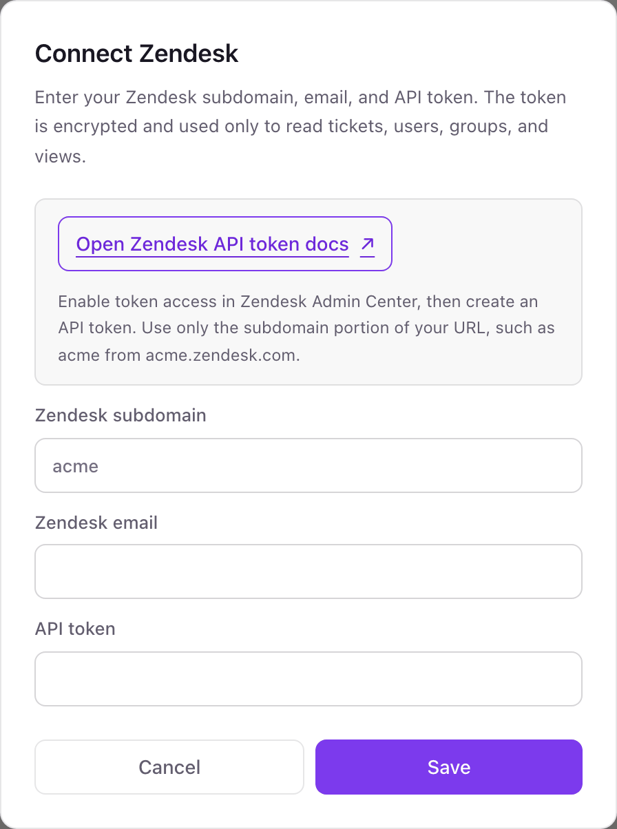 The Connect Zendesk pop-up with a link to Zendesk's API token docs and fields for Zendesk subdomain, Zendesk email, and API token