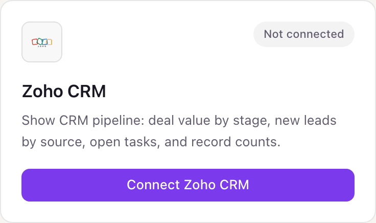 Zoho CRM card in Dance Party, Not connected, describing deal value by stage, new leads by source, and open tasks, with a Connect Zoho CRM button