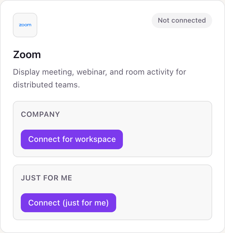 Zoom card on the Dance Party Integrations page with Company and Just for me sections, each with its own Connect button